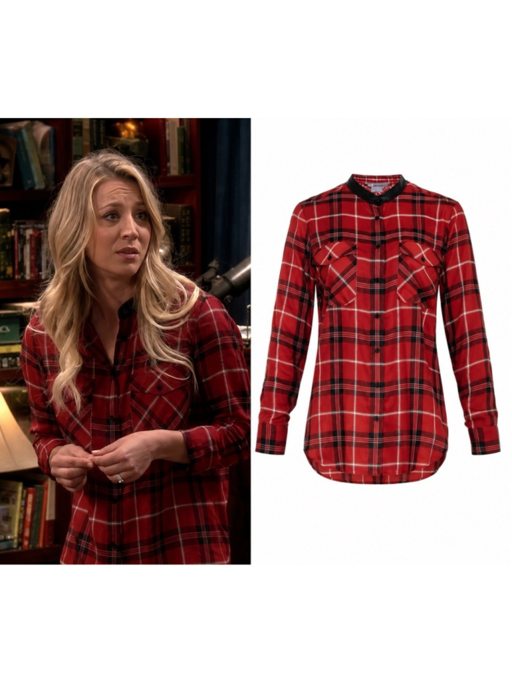 Vince Red Plaid Shirt blouse Lamb Leather Trim The Big Bang Theory Penny Size 12